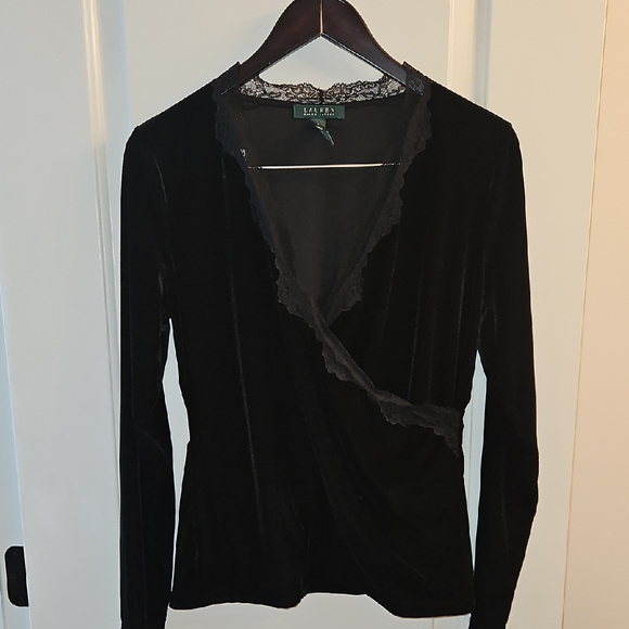 EUC Lauren Ralph Lauren, Black Velvet & Lace Faux Wrap Top | Sz L| Dark Feminine - Picture 2 of 10